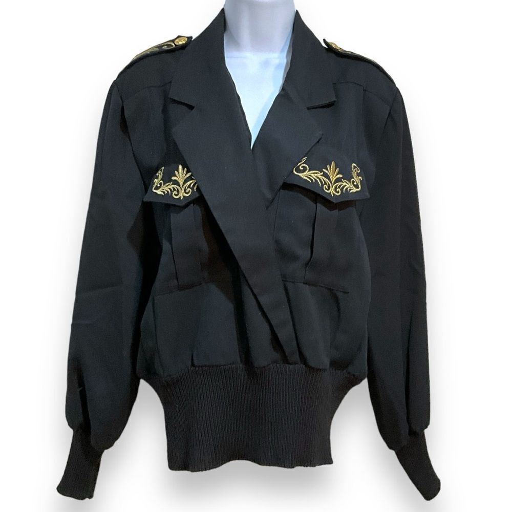 90s Statement Bomber Jacket Top Black Gold Military Inspired Epaulettes M